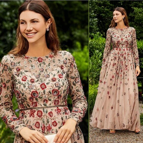 Mac Duggal 5533 Size 6 Beige Red Floral Long Sleeve Beaded Tulle Maxi Dress Gown - Picture 3 of 7